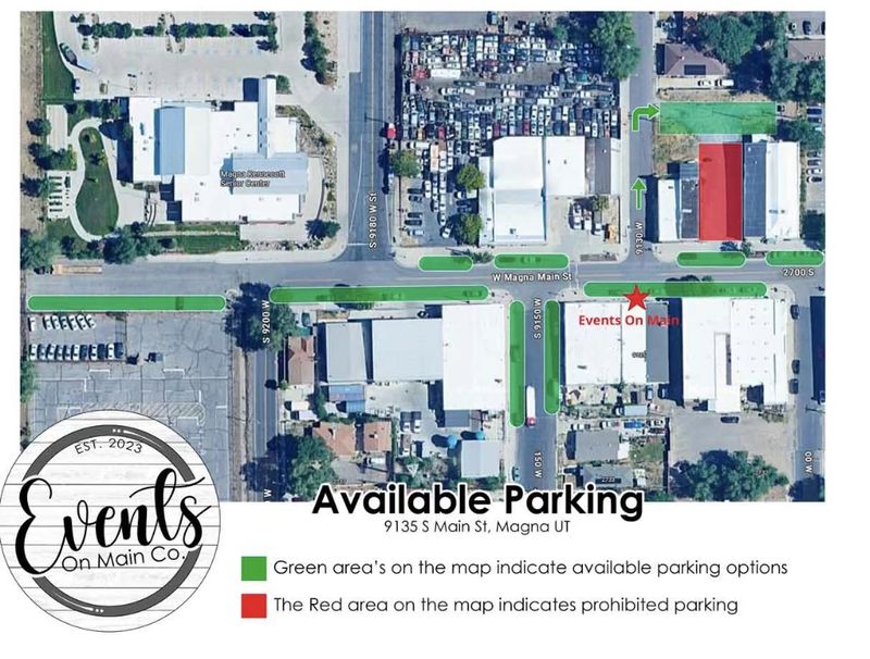 Parking map for Events On Main Co. in Magna, Utah: green areas show available street parking and the red area is no parking